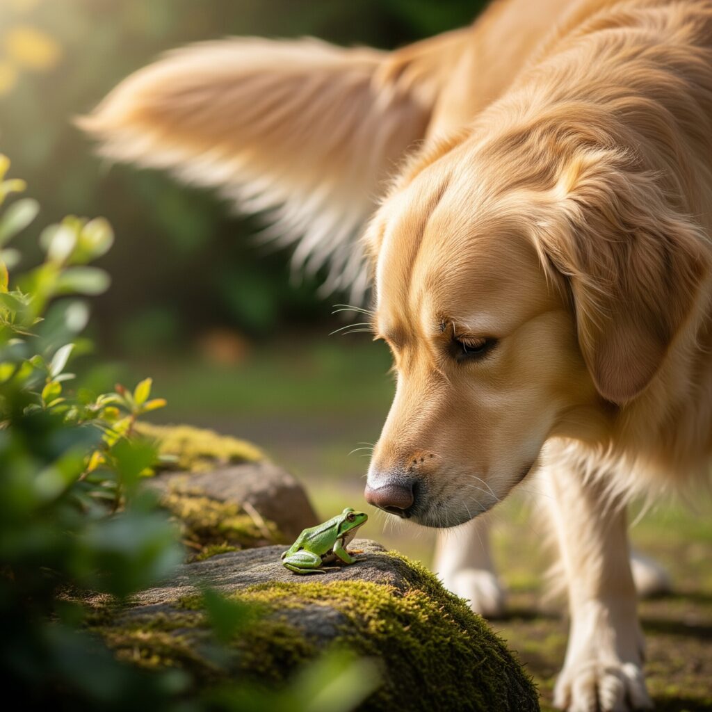 un perro olfateando una rana